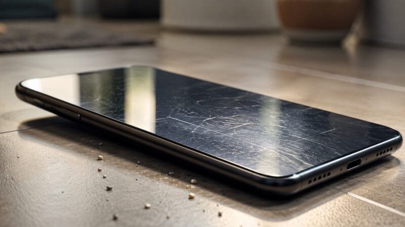 Pametni telefon sa Victus zaštitnim staklom leži na glatkoj podlozi, dok se pod svetlom vide fine ogrebotine na ekranu.