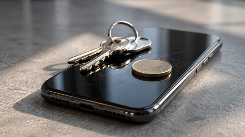 Mobilni telefon sa ključevima i kovanicom na ekranu koji prikazuju nastanak sitnih ogrebotina na zaštitnom staklu.